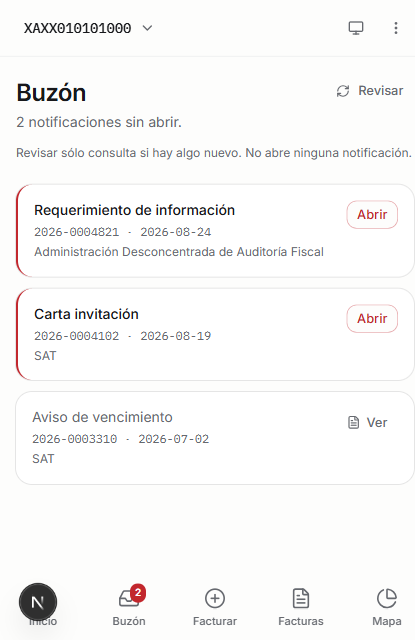 El Buzón: tres notificaciones del SAT, dos pendientes de abrir, cada una con su folio y su fecha.