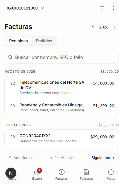 Facturas: las recibidas y las emitidas, agrupadas por mes y con su total.