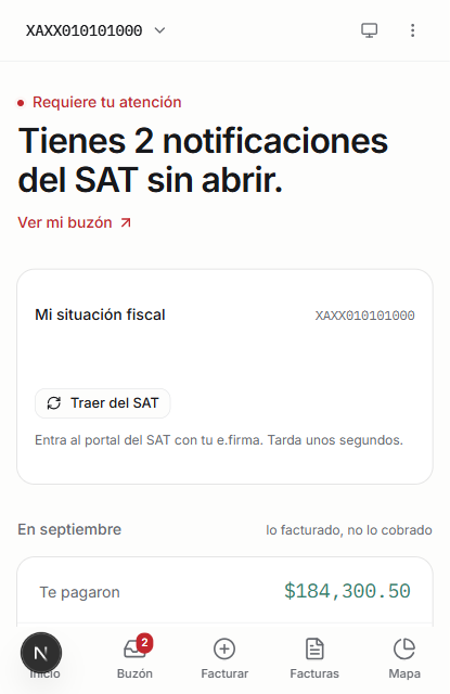 La pantalla de inicio de Fiscalito: avisa de 2 notificaciones del SAT sin abrir y resume lo que te pagaron, lo que costó vender y lo que te queda.
